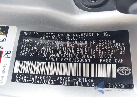 2016 Toyota Camry Le from USA, damaged, VIN 4T1BF1FK7GU250081